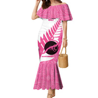 New Zealand Lawn Bowls Breast Cancer Custom Family Matching Mermaid Dress and Hawaiian Shirt Aotearoa Maori Silver Fern Pink Ribbon LT14 Mom's Dress Pink - Polynesian Pride