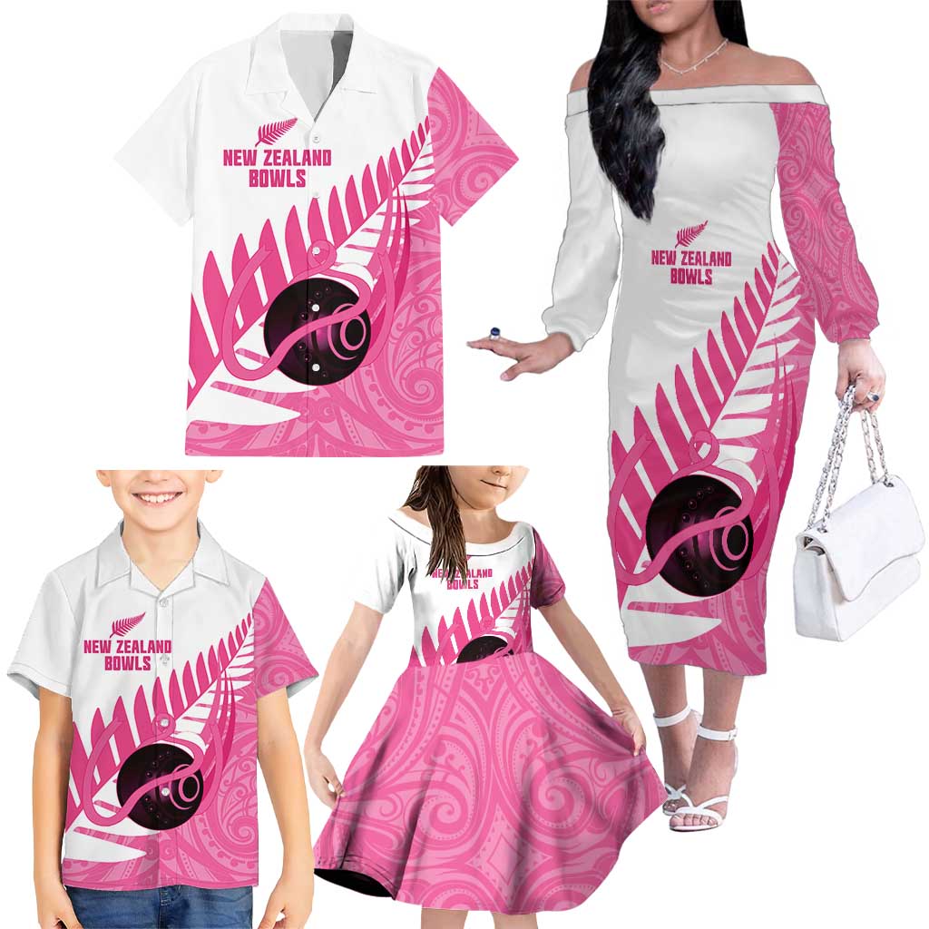New Zealand Lawn Bowls Breast Cancer Custom Family Matching Off The Shoulder Long Sleeve Dress and Hawaiian Shirt Aotearoa Maori Silver Fern Pink Ribbon - Polynesian Pride