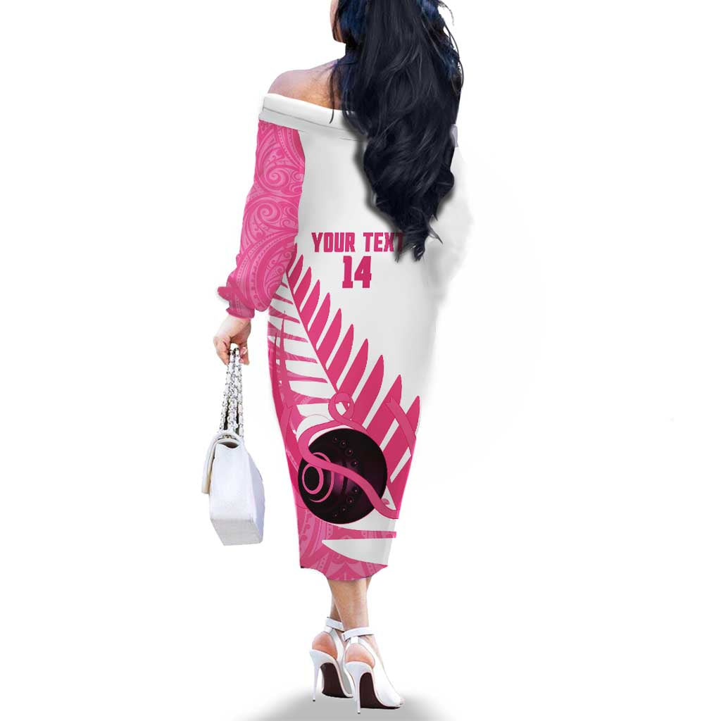 New Zealand Lawn Bowls Breast Cancer Custom Family Matching Off The Shoulder Long Sleeve Dress and Hawaiian Shirt Aotearoa Maori Silver Fern Pink Ribbon LT14 - Polynesian Pride
