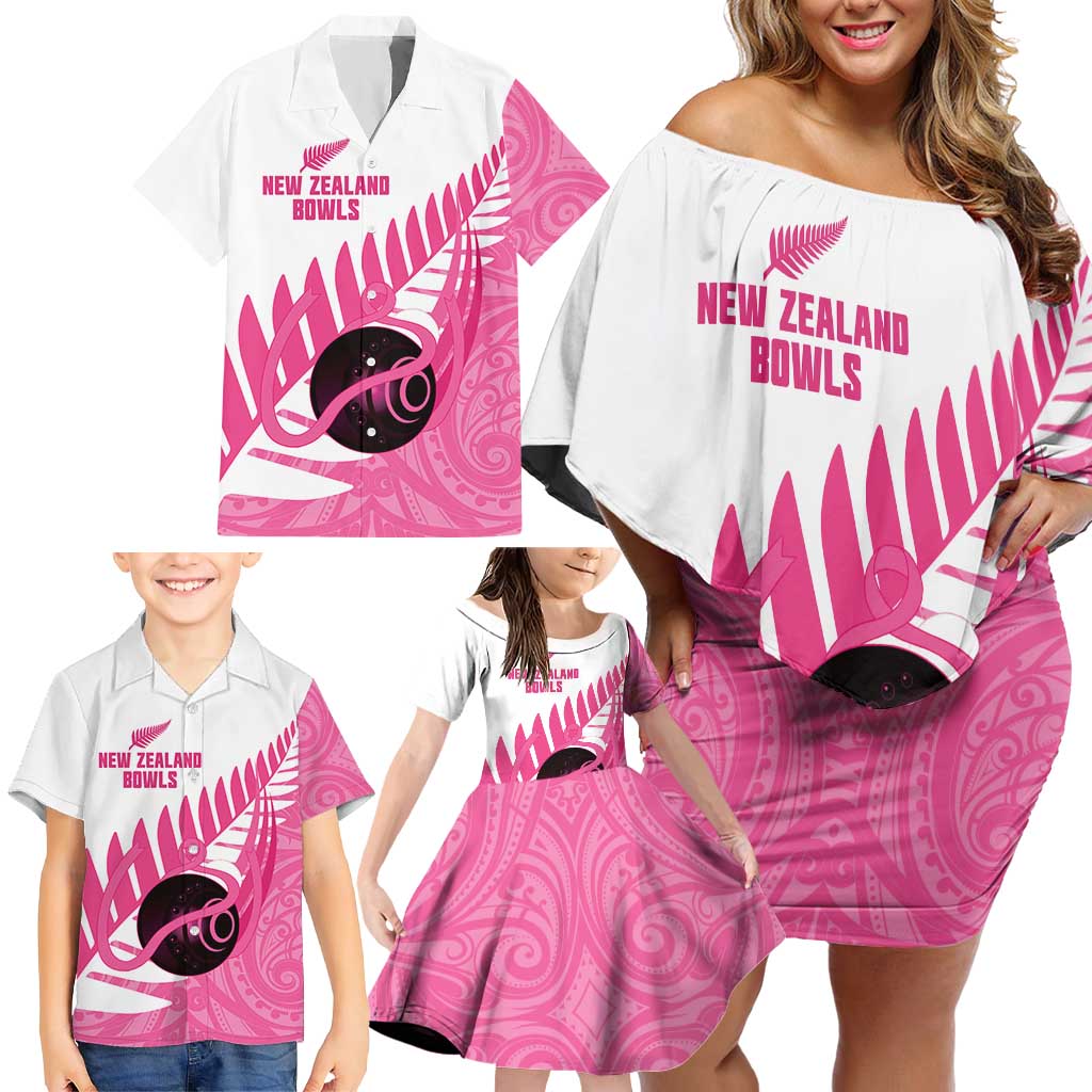 New Zealand Lawn Bowls Breast Cancer Custom Family Matching Off Shoulder Short Dress and Hawaiian Shirt Aotearoa Maori Silver Fern Pink Ribbon LT14 - Polynesian Pride