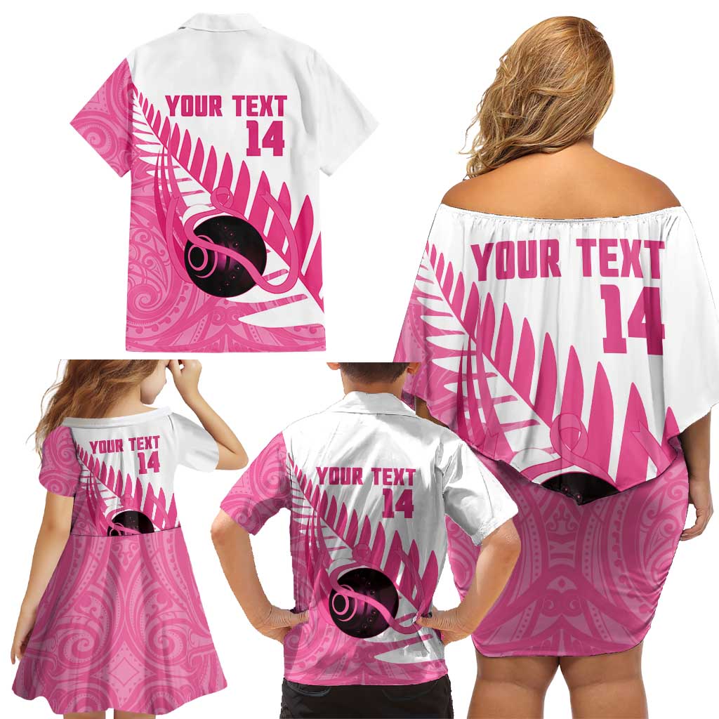 New Zealand Lawn Bowls Breast Cancer Custom Family Matching Off Shoulder Short Dress and Hawaiian Shirt Aotearoa Maori Silver Fern Pink Ribbon LT14 - Polynesian Pride