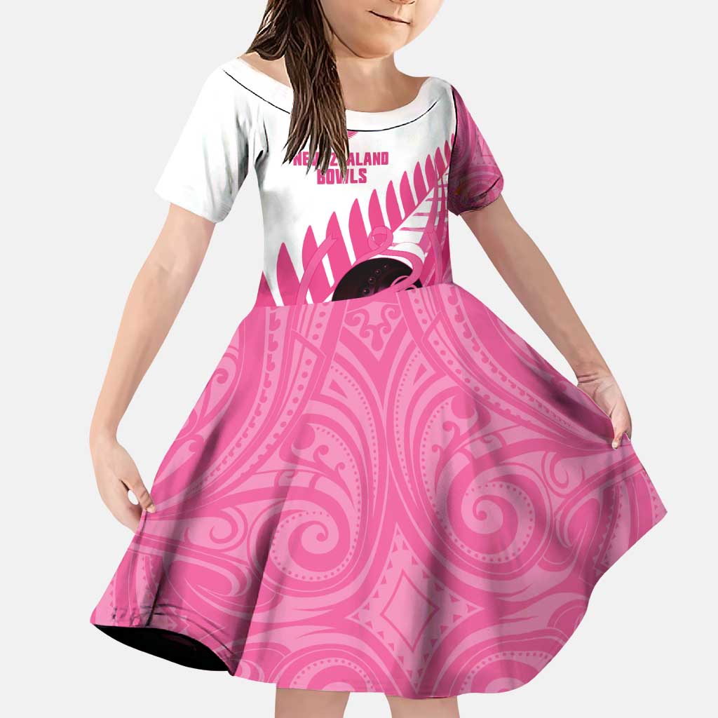 New Zealand Lawn Bowls Breast Cancer Custom Family Matching Short Sleeve Bodycon Dress and Hawaiian Shirt Aotearoa Maori Silver Fern Pink Ribbon LT14 Daughter's Dress Pink - Polynesian Pride