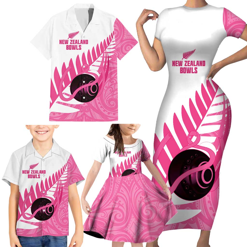 New Zealand Lawn Bowls Breast Cancer Custom Family Matching Short Sleeve Bodycon Dress and Hawaiian Shirt Aotearoa Maori Silver Fern Pink Ribbon - Polynesian Pride