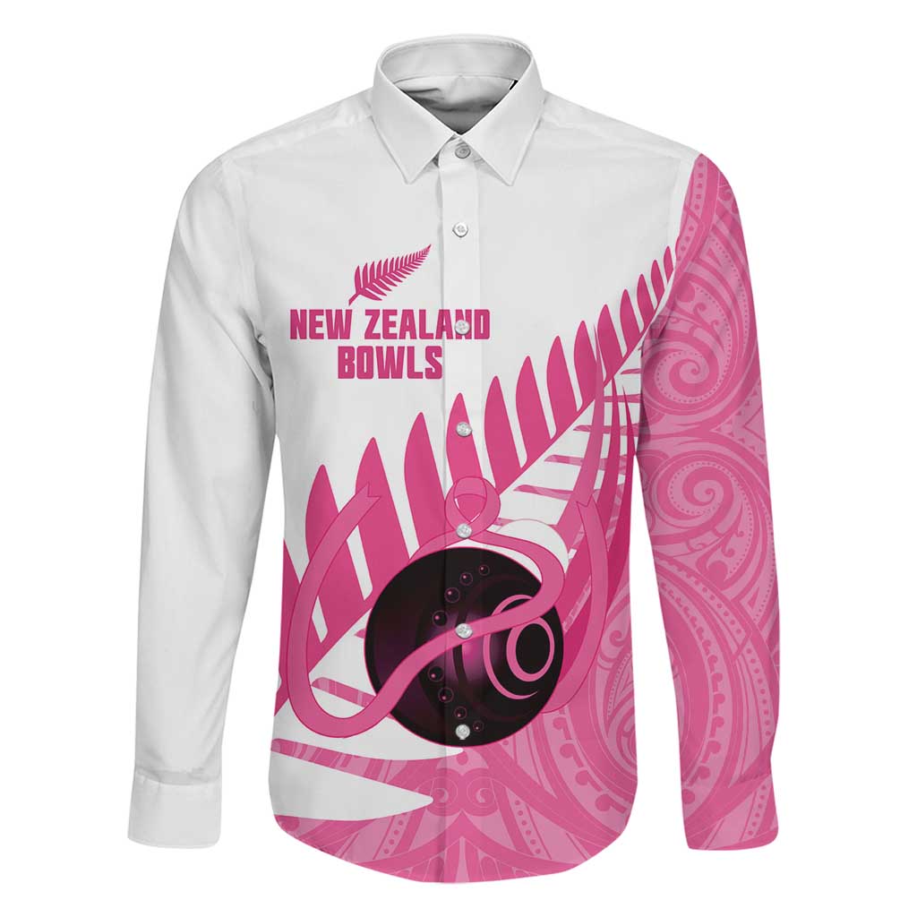 New Zealand Lawn Bowls Breast Cancer Custom Family Matching Summer Maxi Dress and Hawaiian Shirt Aotearoa Maori Silver Fern Pink Ribbon LT14 Dad's Shirt - Long Sleeve Pink - Polynesian Pride