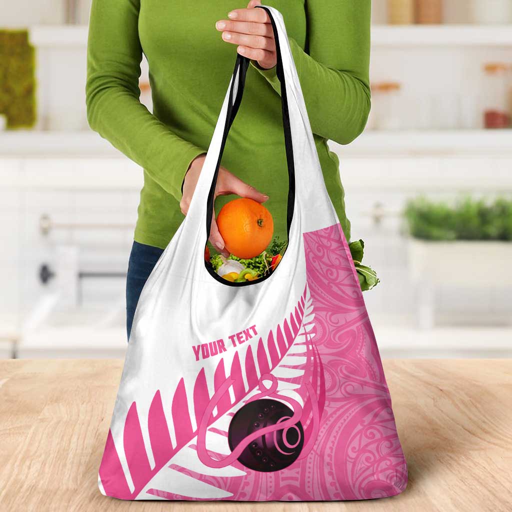 New Zealand Lawn Bowls Breast Cancer Custom Grocery Bag Aotearoa Maori Silver Fern Pink Ribbon LT14 - Polynesian Pride