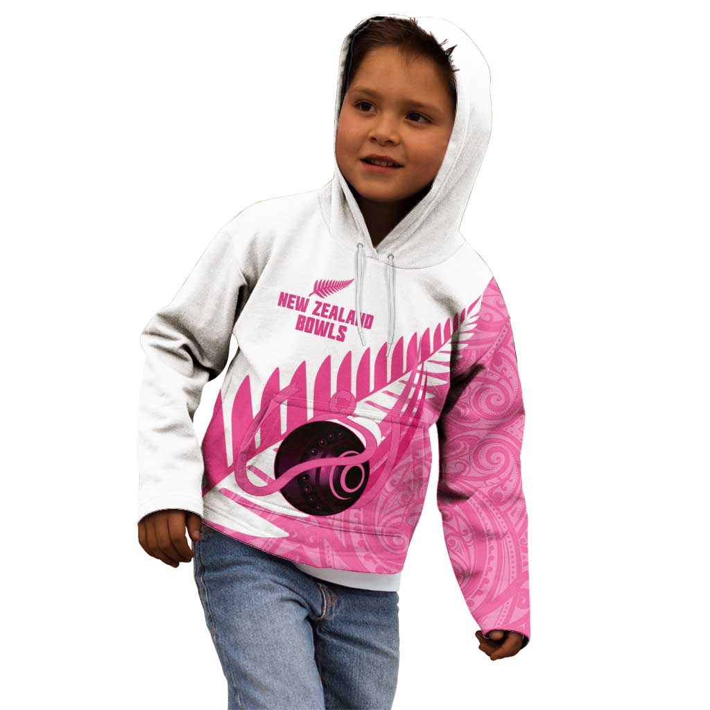 New Zealand Lawn Bowls Breast Cancer Custom Kid Hoodie Aotearoa Maori Silver Fern Pink Ribbon - Polynesian Pride
