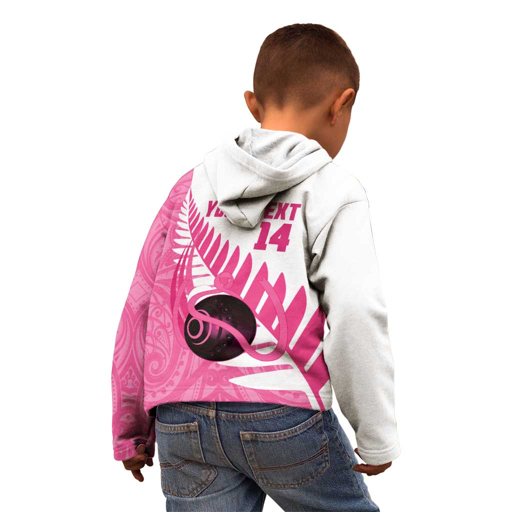 New Zealand Lawn Bowls Breast Cancer Custom Kid Hoodie Aotearoa Maori Silver Fern Pink Ribbon - Polynesian Pride