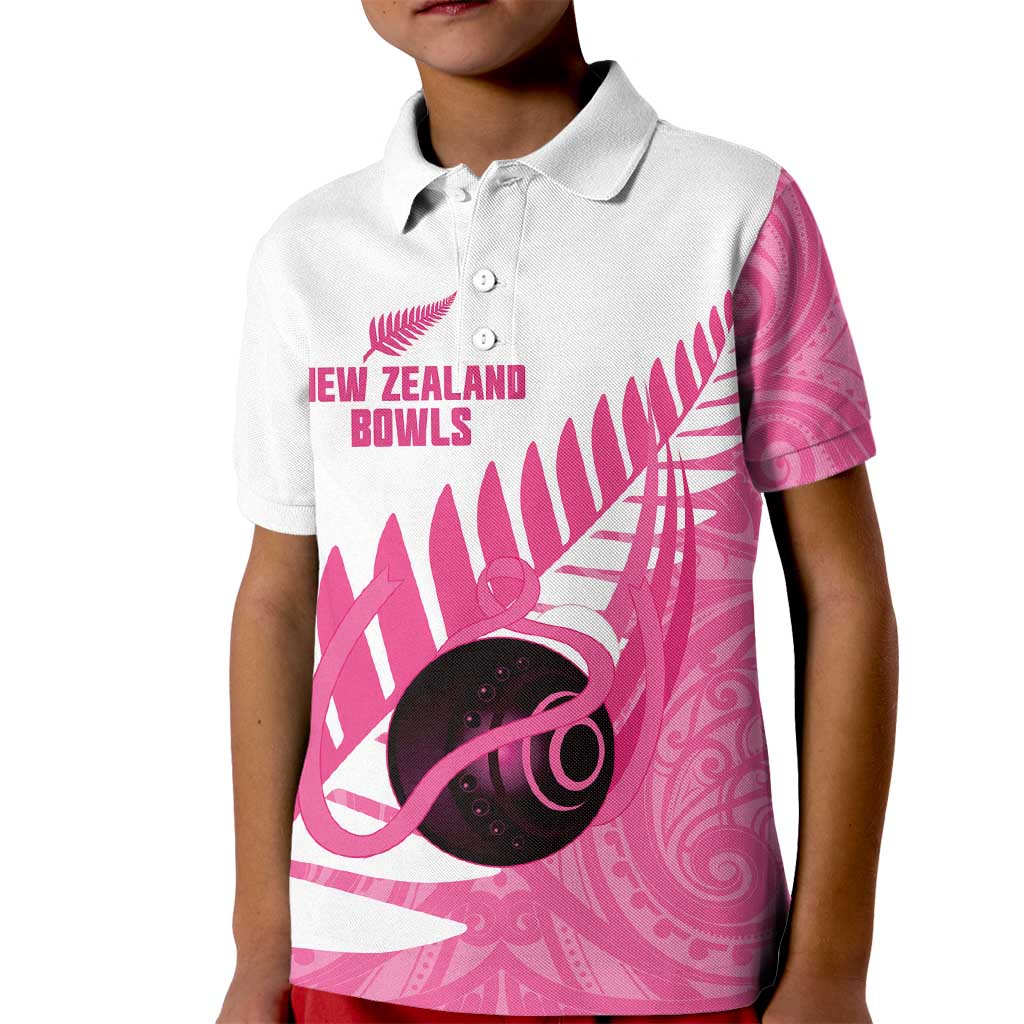 New Zealand Lawn Bowls Breast Cancer Custom Kid Polo Shirt Aotearoa Maori Silver Fern Pink Ribbon LT14 Kid Pink - Polynesian Pride