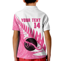 New Zealand Lawn Bowls Breast Cancer Custom Kid Polo Shirt Aotearoa Maori Silver Fern Pink Ribbon LT14 - Polynesian Pride