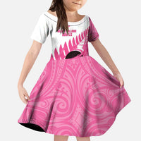 New Zealand Lawn Bowls Breast Cancer Custom Kid Short Sleeve Dress Aotearoa Maori Silver Fern Pink Ribbon LT14 KID Pink - Polynesian Pride