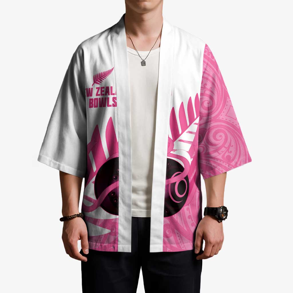 New Zealand Lawn Bowls Breast Cancer Custom Kimono Aotearoa Maori Silver Fern Pink Ribbon LT14 - Polynesian Pride