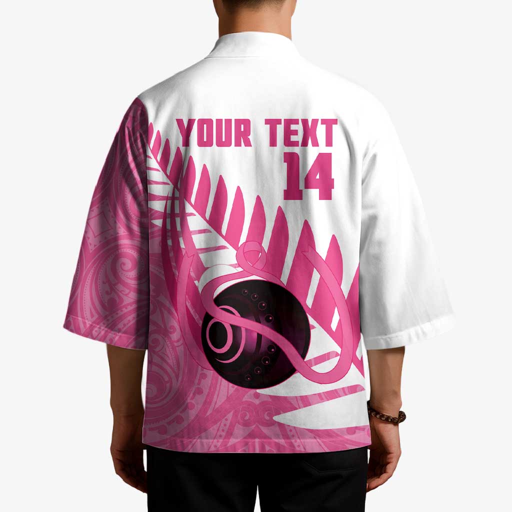 New Zealand Lawn Bowls Breast Cancer Custom Kimono Aotearoa Maori Silver Fern Pink Ribbon LT14 - Polynesian Pride