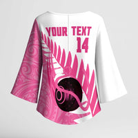 New Zealand Lawn Bowls Breast Cancer Custom Kimono Sleeve Blouse Aotearoa Maori Silver Fern Pink Ribbon LT14 - Polynesian Pride