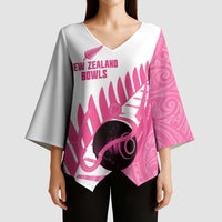 New Zealand Lawn Bowls Breast Cancer Custom Kimono Sleeve Blouse Aotearoa Maori Silver Fern Pink Ribbon LT14 - Polynesian Pride
