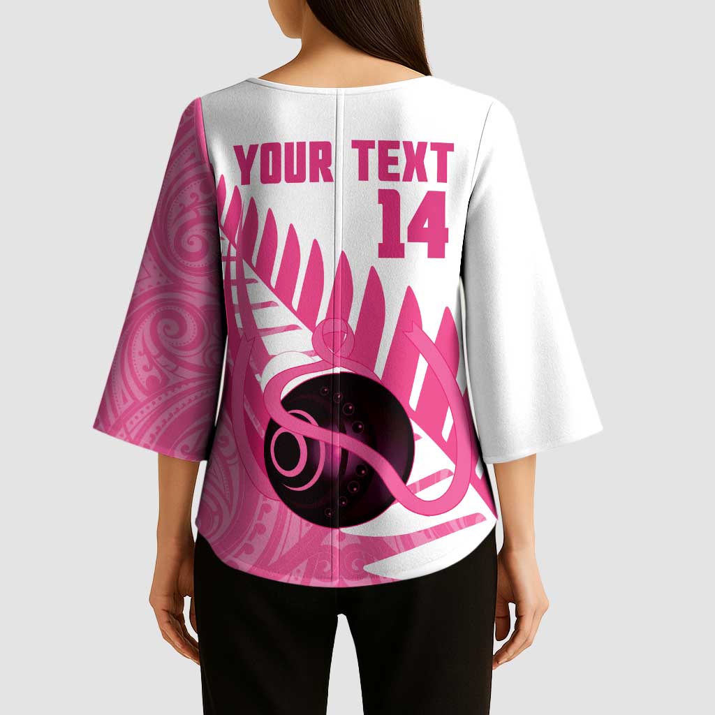 New Zealand Lawn Bowls Breast Cancer Custom Kimono Sleeve Blouse Aotearoa Maori Silver Fern Pink Ribbon LT14 - Polynesian Pride