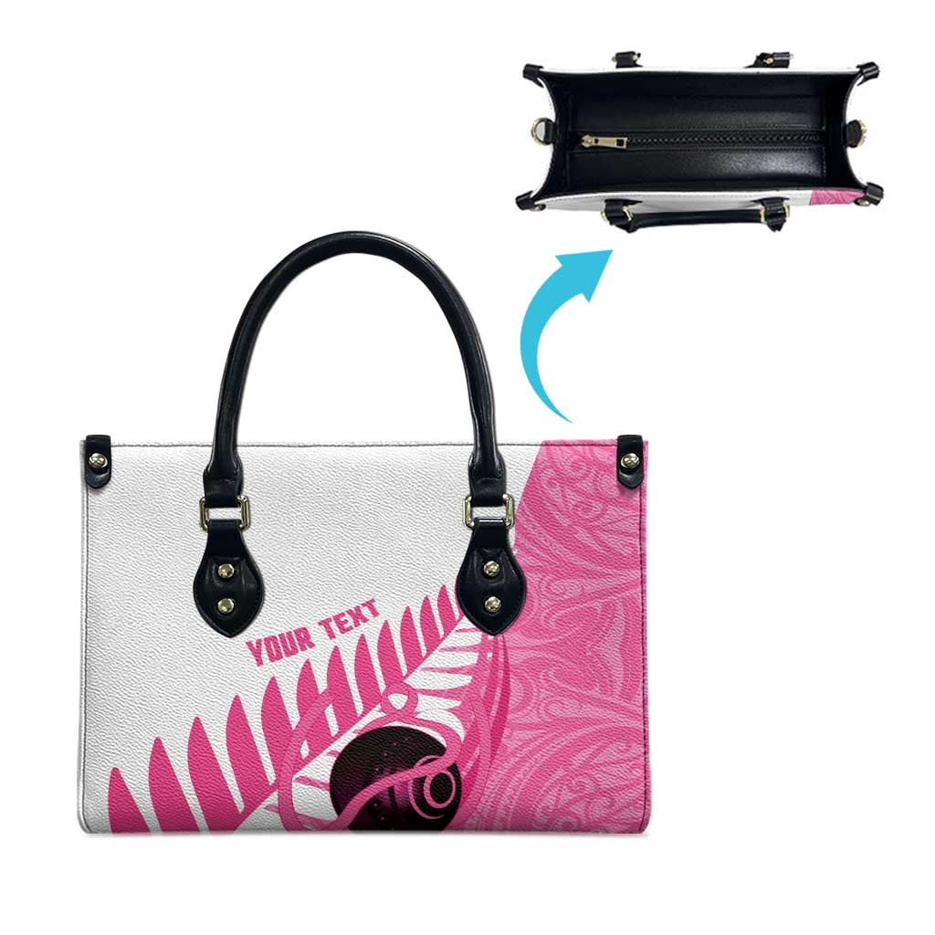 New Zealand Lawn Bowls Breast Cancer Custom Leather Bag Aotearoa Maori Silver Fern Pink Ribbon LT14 - Polynesian Pride