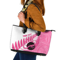 New Zealand Lawn Bowls Breast Cancer Custom Leather Tote Bag Aotearoa Maori Silver Fern Pink Ribbon LT14 Pink - Polynesian Pride