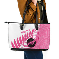 New Zealand Lawn Bowls Breast Cancer Custom Leather Tote Bag Aotearoa Maori Silver Fern Pink Ribbon LT14 - Polynesian Pride