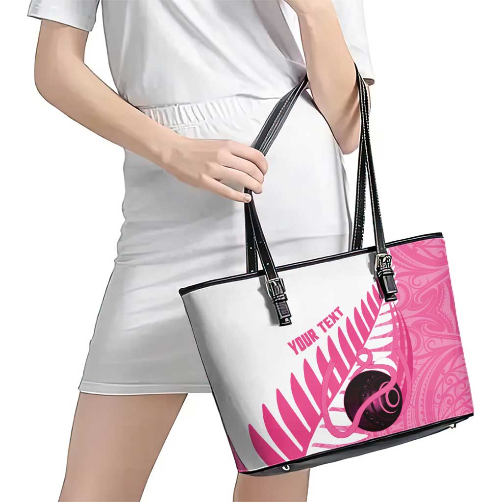 New Zealand Lawn Bowls Breast Cancer Custom Leather Tote Bag Aotearoa Maori Silver Fern Pink Ribbon LT14 - Polynesian Pride