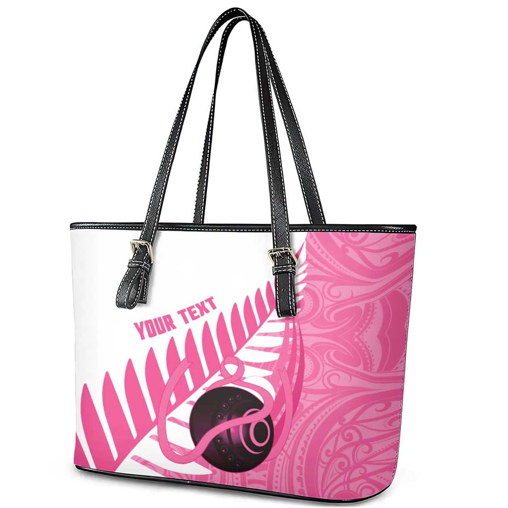 New Zealand Lawn Bowls Breast Cancer Custom Leather Tote Bag Aotearoa Maori Silver Fern Pink Ribbon LT14 - Polynesian Pride