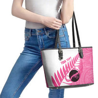 New Zealand Lawn Bowls Breast Cancer Custom Leather Tote Bag Aotearoa Maori Silver Fern Pink Ribbon LT14 - Polynesian Pride