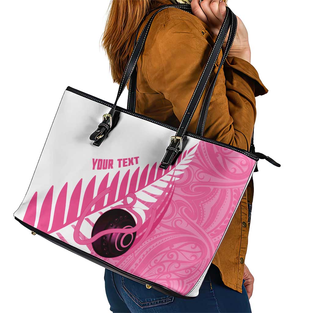 New Zealand Lawn Bowls Breast Cancer Custom Leather Tote Bag Aotearoa Maori Silver Fern Pink Ribbon LT14 - Polynesian Pride