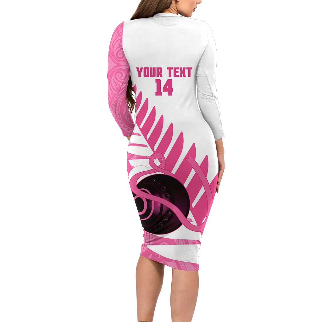 New Zealand Lawn Bowls Breast Cancer Custom Long Sleeve Bodycon Dress Aotearoa Maori Silver Fern Pink Ribbon LT14 - Polynesian Pride