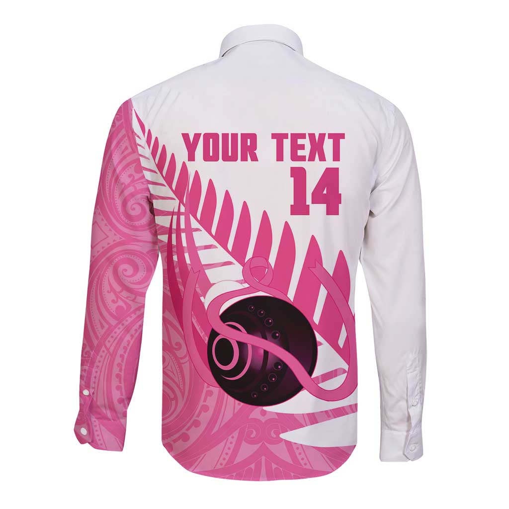 New Zealand Lawn Bowls Breast Cancer Custom Long Sleeve Button Shirt Aotearoa Maori Silver Fern Pink Ribbon LT14 - Polynesian Pride