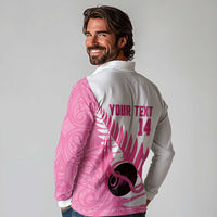 New Zealand Lawn Bowls Breast Cancer Custom Long Sleeve Polo Shirt Aotearoa Maori Silver Fern Pink Ribbon - Polynesian Pride