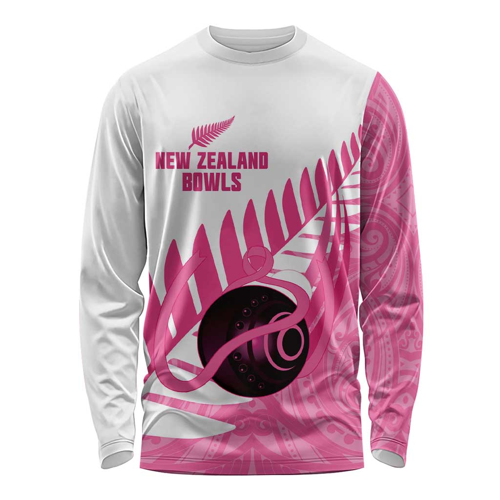 New Zealand Lawn Bowls Breast Cancer Custom Long Sleeve Shirt Aotearoa Maori Silver Fern Pink Ribbon LT14 Unisex Pink - Polynesian Pride