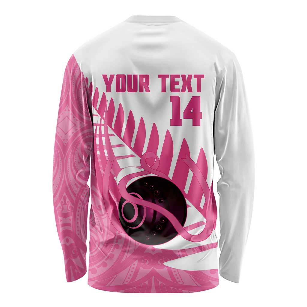 New Zealand Lawn Bowls Breast Cancer Custom Long Sleeve Shirt Aotearoa Maori Silver Fern Pink Ribbon LT14 - Polynesian Pride