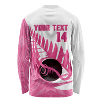New Zealand Lawn Bowls Breast Cancer Custom Long Sleeve Shirt Aotearoa Maori Silver Fern Pink Ribbon LT14 - Polynesian Pride