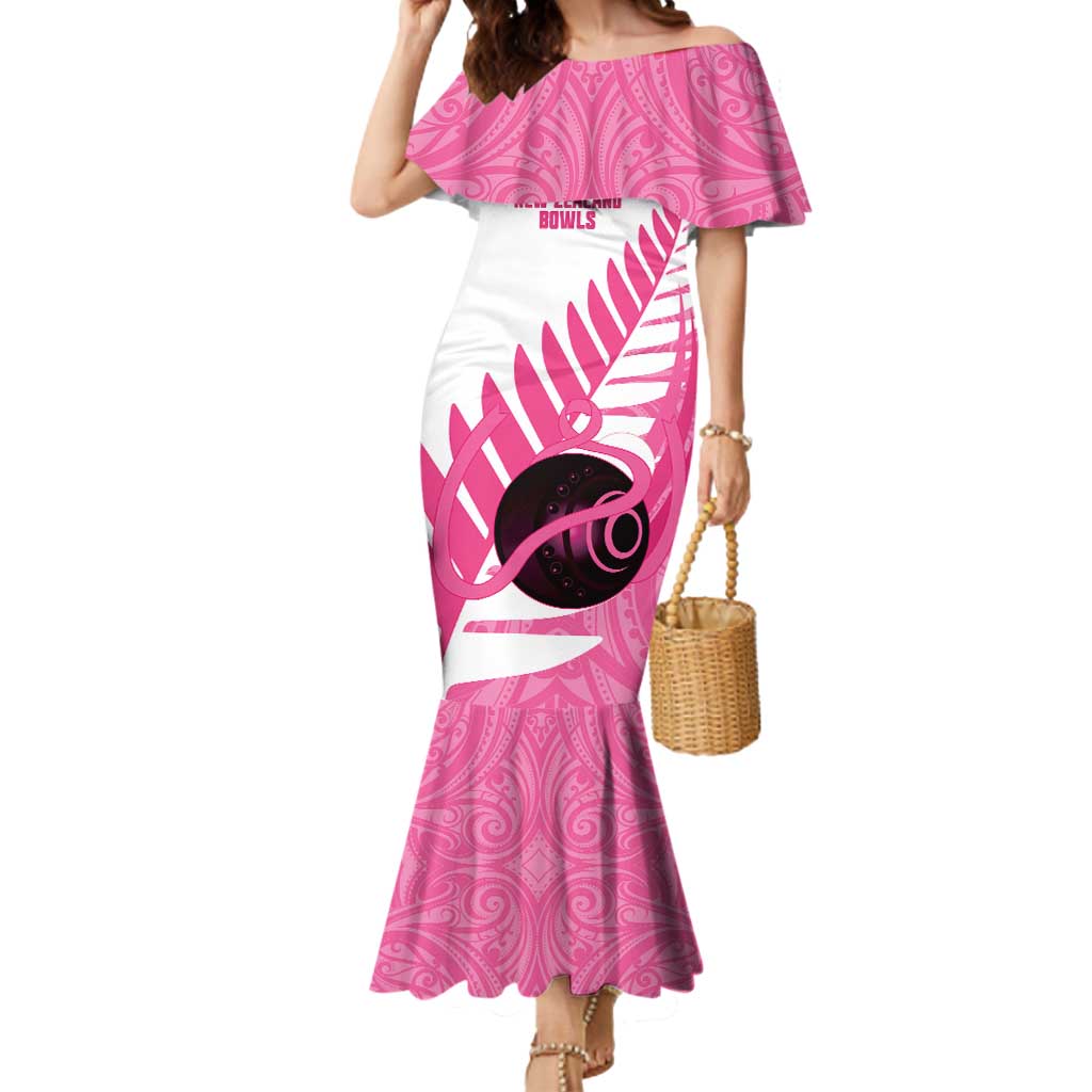 New Zealand Lawn Bowls Breast Cancer Custom Mermaid Dress Aotearoa Maori Silver Fern Pink Ribbon LT14 Women Pink - Polynesian Pride