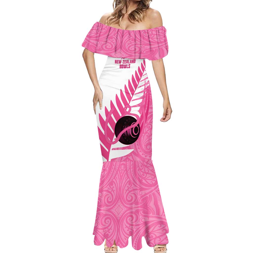 New Zealand Lawn Bowls Breast Cancer Custom Mermaid Dress Aotearoa Maori Silver Fern Pink Ribbon LT14 - Polynesian Pride