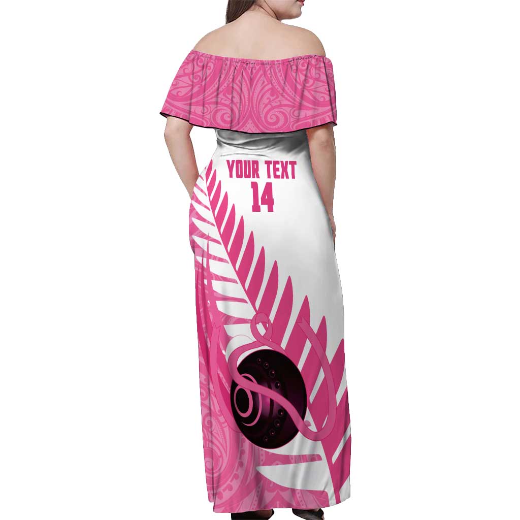 New Zealand Lawn Bowls Breast Cancer Custom Off Shoulder Maxi Dress Aotearoa Maori Silver Fern Pink Ribbon LT14 - Polynesian Pride