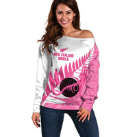 New Zealand Lawn Bowls Breast Cancer Custom Off Shoulder Sweater Aotearoa Maori Silver Fern Pink Ribbon LT14 Women Pink - Polynesian Pride
