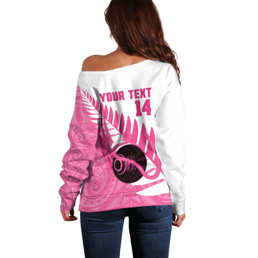 New Zealand Lawn Bowls Breast Cancer Custom Off Shoulder Sweater Aotearoa Maori Silver Fern Pink Ribbon LT14 - Polynesian Pride