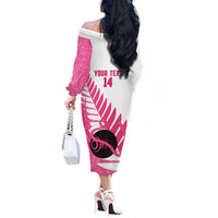 New Zealand Lawn Bowls Breast Cancer Custom Off The Shoulder Long Sleeve Dress Aotearoa Maori Silver Fern Pink Ribbon LT14 - Polynesian Pride