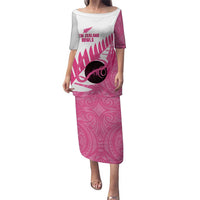 New Zealand Lawn Bowls Breast Cancer Custom Puletasi Aotearoa Maori Silver Fern Pink Ribbon LT14 Long Dress Pink - Polynesian Pride