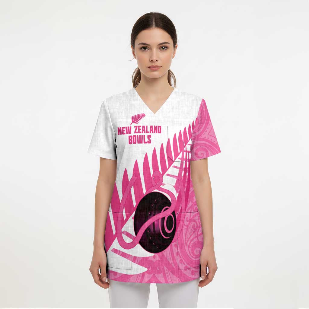 New Zealand Lawn Bowls Breast Cancer Custom Scrub Top Aotearoa Maori Silver Fern Pink Ribbon LT14 - Polynesian Pride