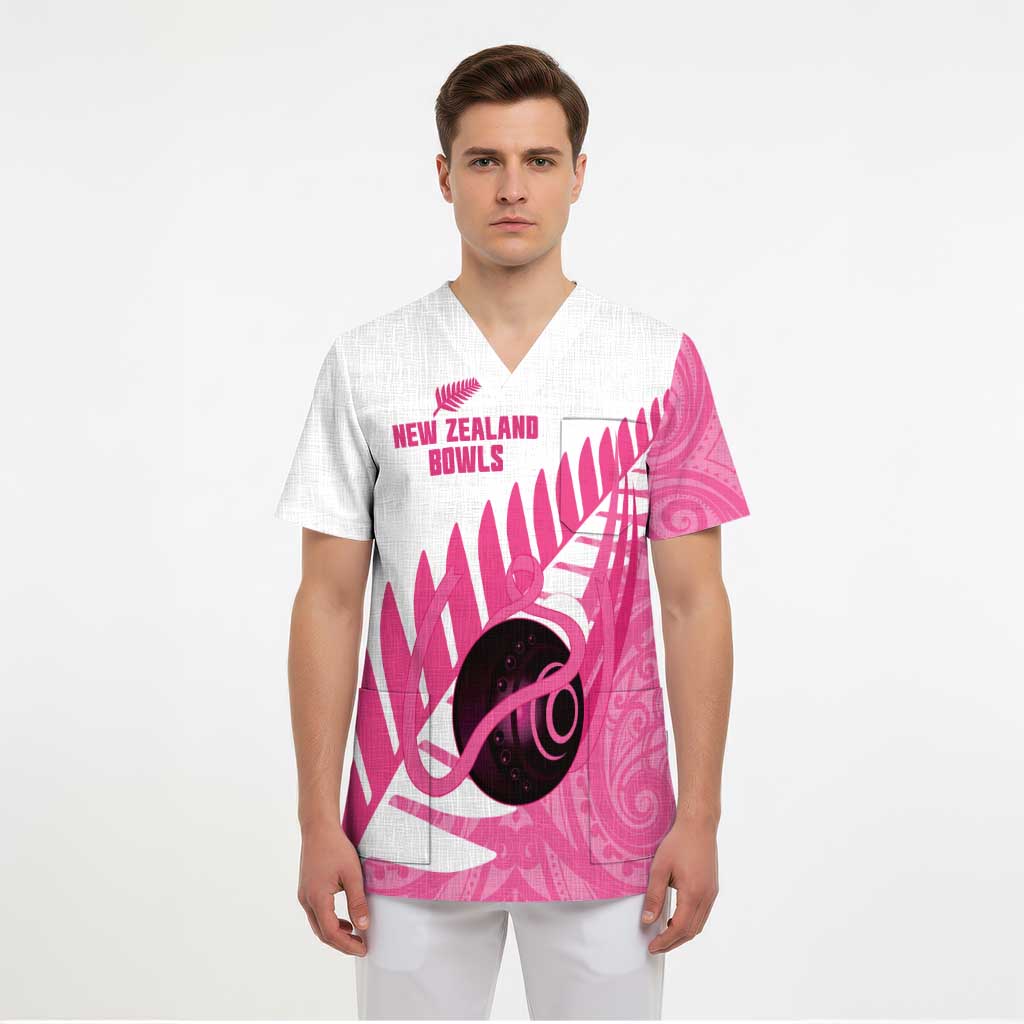 New Zealand Lawn Bowls Breast Cancer Custom Scrub Top Aotearoa Maori Silver Fern Pink Ribbon LT14 - Polynesian Pride
