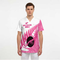 New Zealand Lawn Bowls Breast Cancer Custom Scrub Top Aotearoa Maori Silver Fern Pink Ribbon LT14 - Polynesian Pride
