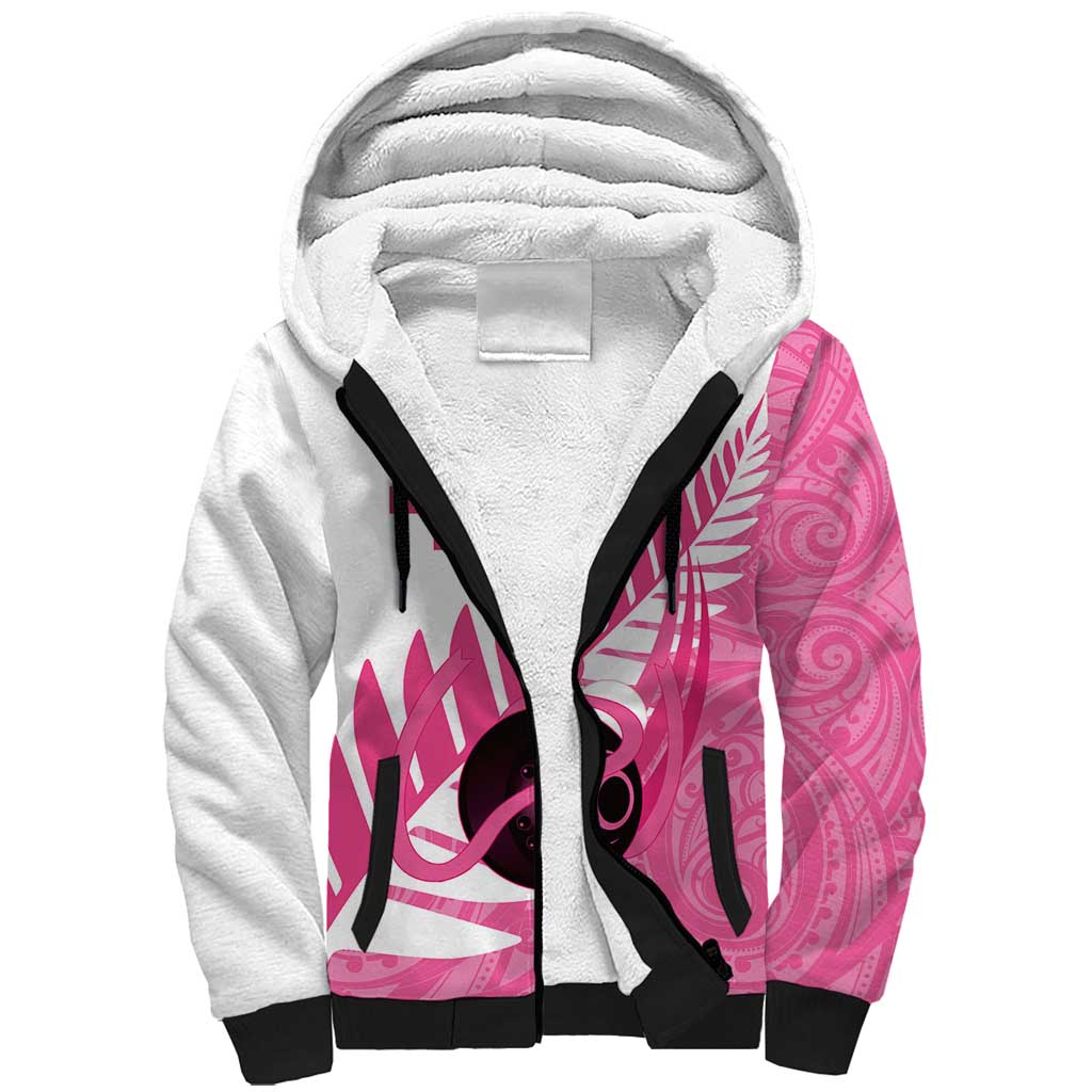 New Zealand Lawn Bowls Breast Cancer Custom Sherpa Hoodie Aotearoa Maori Silver Fern Pink Ribbon LT14 Unisex Pink - Polynesian Pride