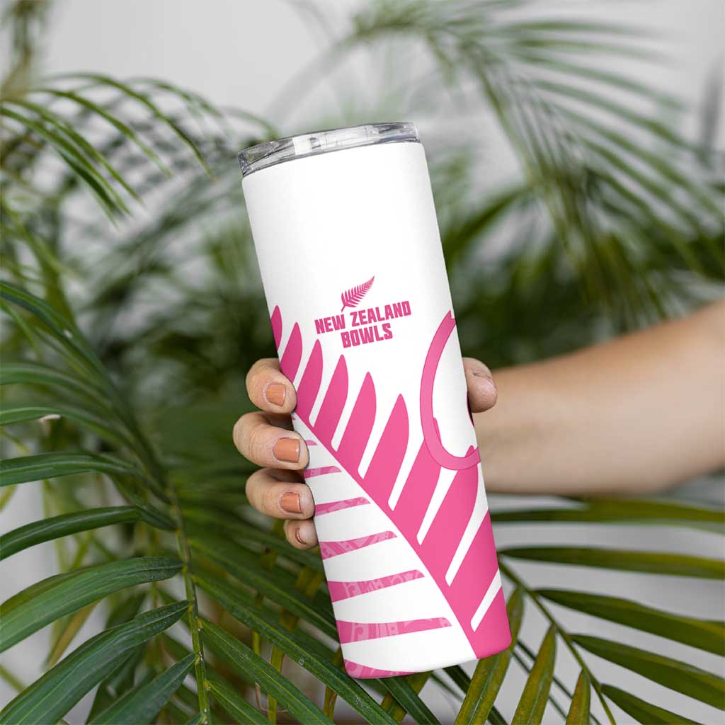 New Zealand Lawn Bowls Breast Cancer Custom Skinny Tumbler Aotearoa Maori Silver Fern Pink Ribbon LT14 - Polynesian Pride