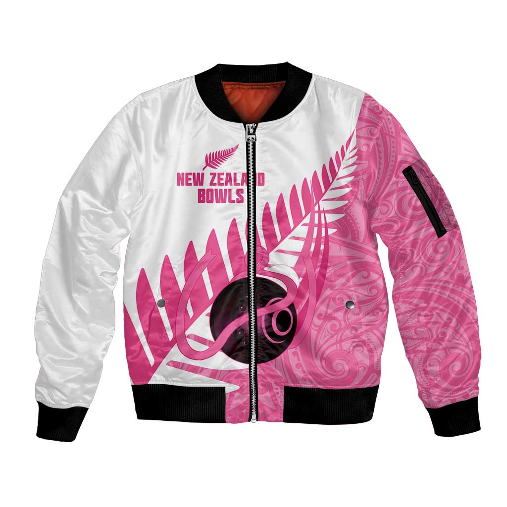 New Zealand Lawn Bowls Breast Cancer Custom Sleeve Zip Bomber Jacket Aotearoa Maori Silver Fern Pink Ribbon LT14 Unisex Pink - Polynesian Pride