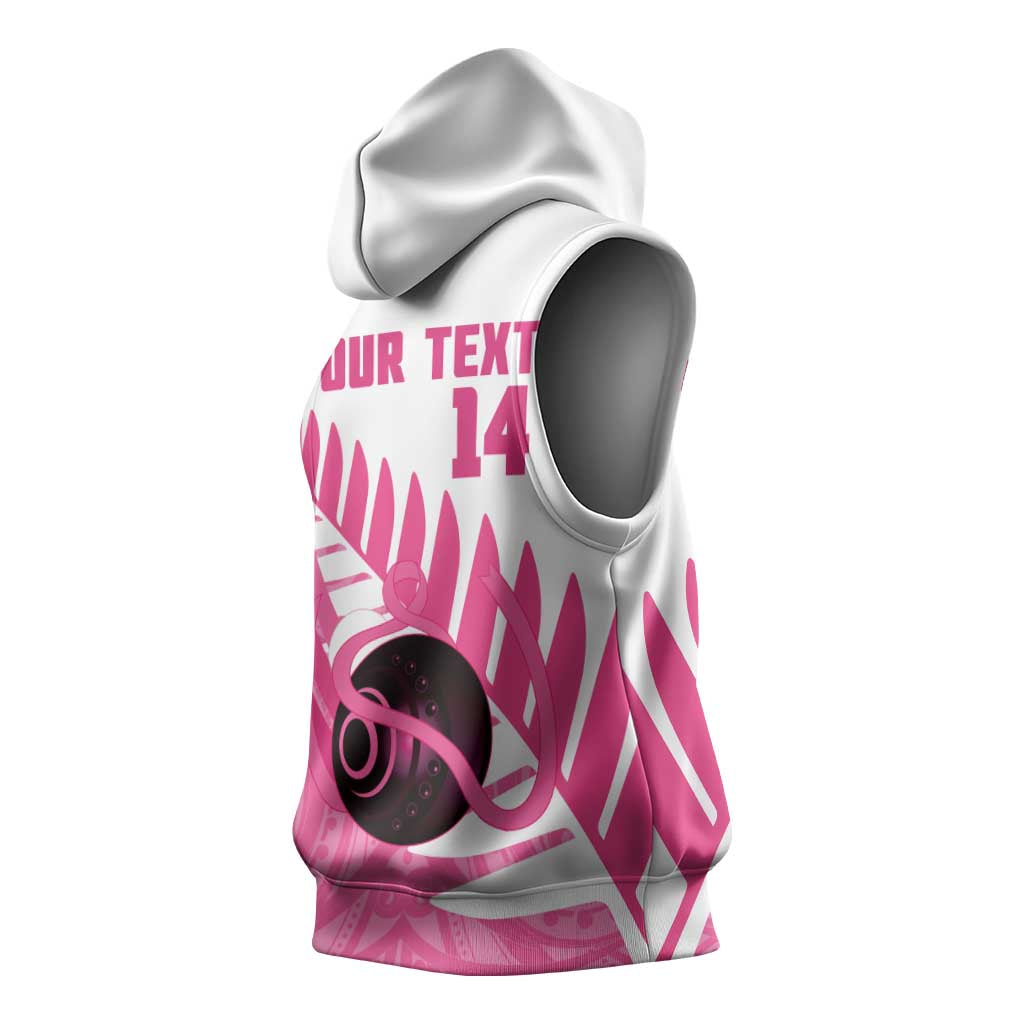 New Zealand Lawn Bowls Breast Cancer Custom Sleeveless Hoodie Aotearoa Maori Silver Fern Pink Ribbon LT14 - Polynesian Pride