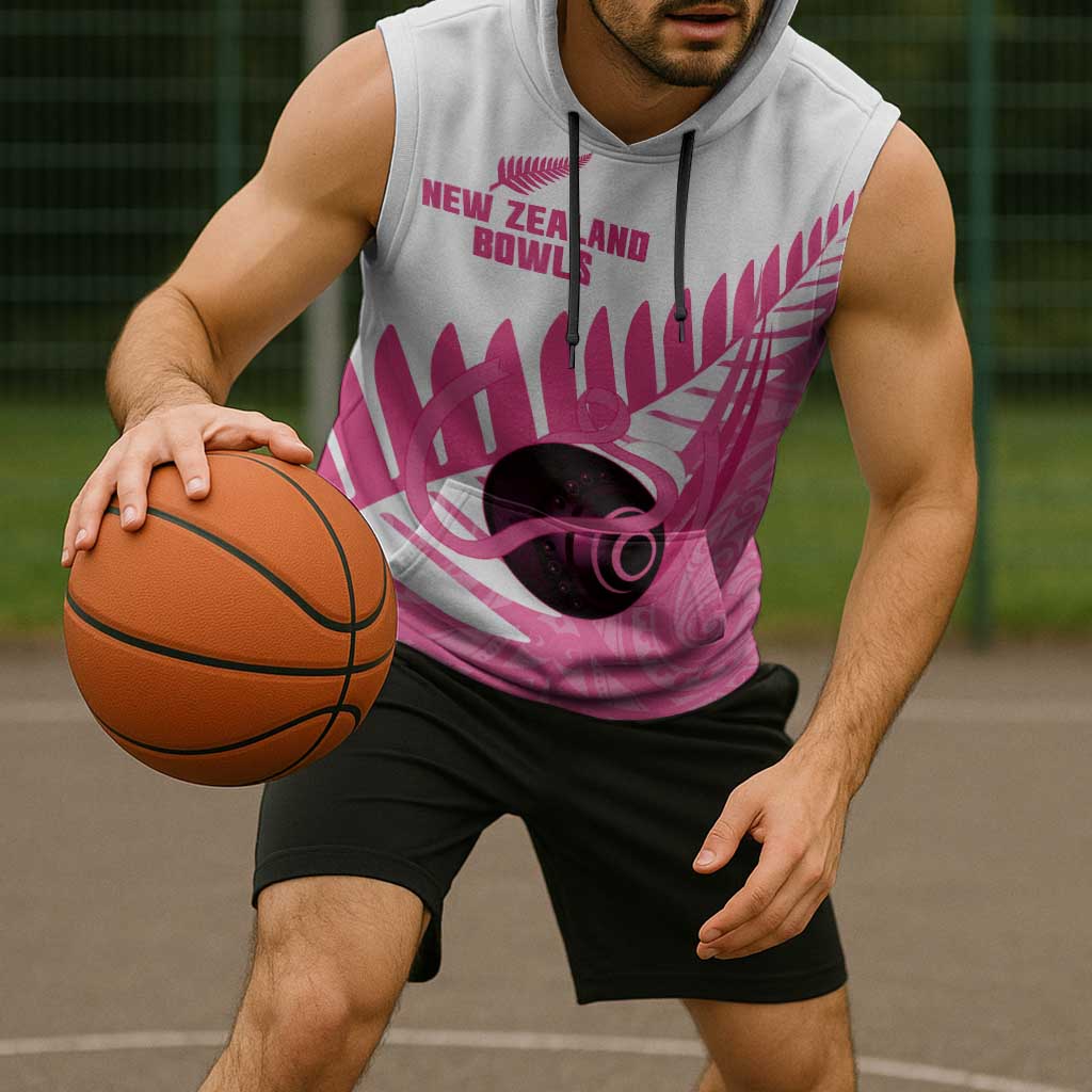 New Zealand Lawn Bowls Breast Cancer Custom Sleeveless Hoodie Aotearoa Maori Silver Fern Pink Ribbon LT14 - Polynesian Pride