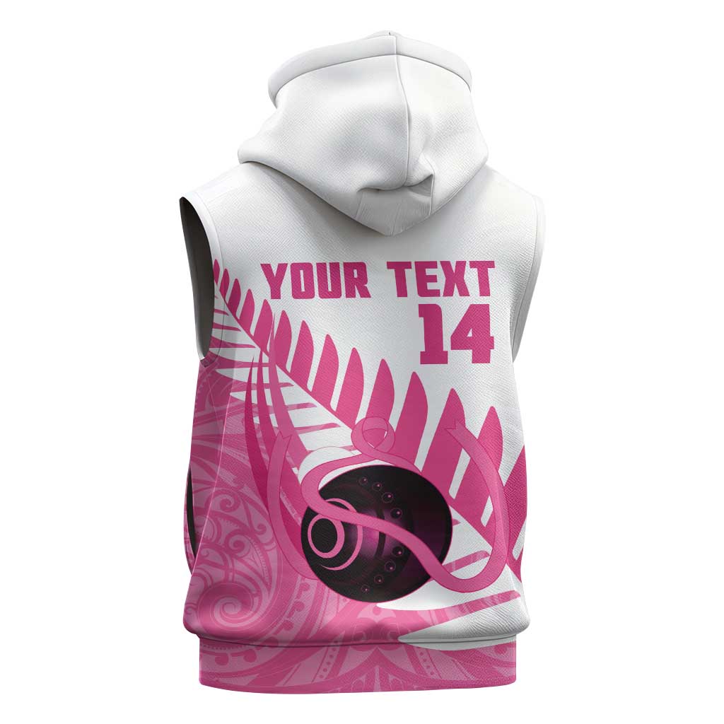 New Zealand Lawn Bowls Breast Cancer Custom Sleeveless Zip Hoodie Aotearoa Maori Silver Fern Pink Ribbon LT14 - Polynesian Pride