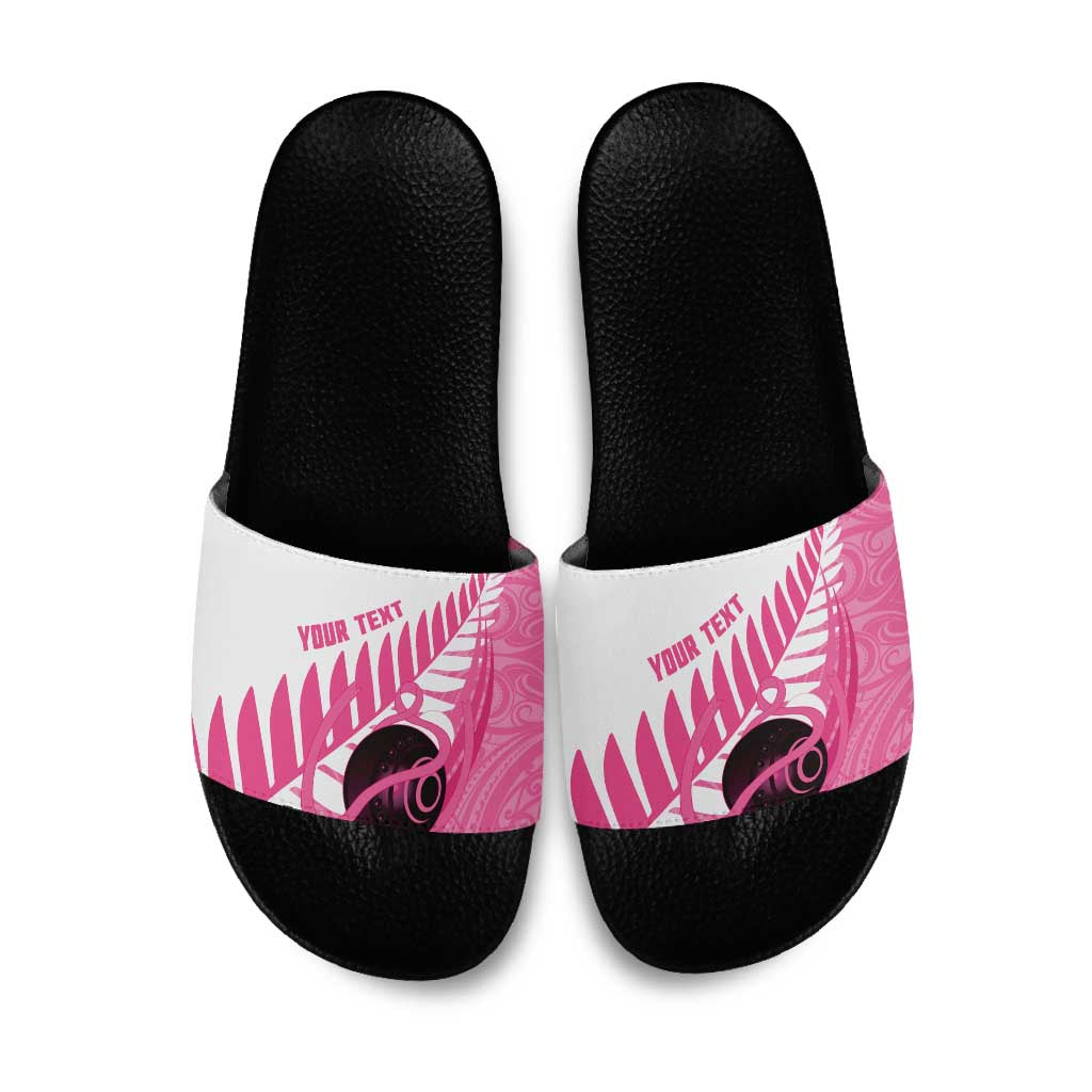 New Zealand Lawn Bowls Breast Cancer Custom Slide Sandals Aotearoa Maori Silver Fern Pink Ribbon LT14 Pink - Polynesian Pride