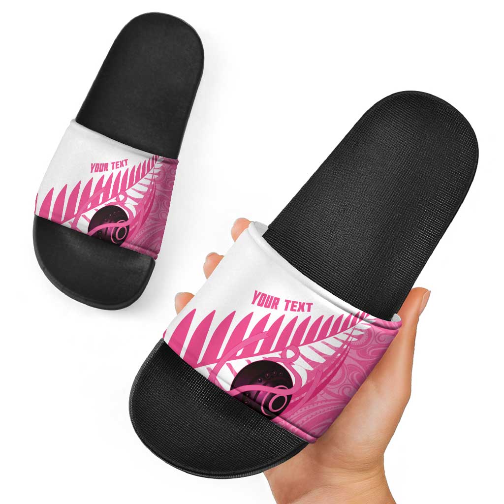 New Zealand Lawn Bowls Breast Cancer Custom Slide Sandals Aotearoa Maori Silver Fern Pink Ribbon LT14 - Polynesian Pride